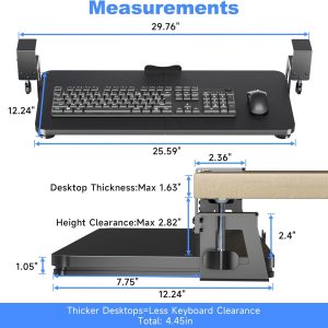 Keyboard Tray Under Desk Large C-Clamp 25.6” (30” Including Clamps) x 11.8” Slide-Out Platform Computer Drawer Pull Out Keyboard & Mouse Tray Black DSF4