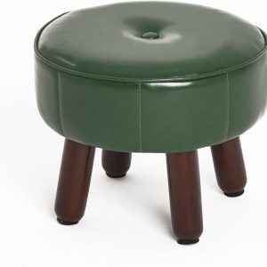 Small Foot Stool Ottoman, Round Pouf Foot Rest, Footstool Ottomans with Legs Under Desk, Faux Leather Footrest for Couch, Living Room, Bedroom, Hallway, Office, 13”L x 13”W x 10.2”H
