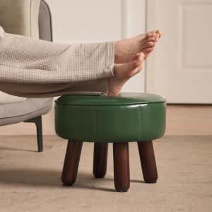 Small Foot Stool Ottoman, Round Pouf Foot Rest, Footstool Ottomans with Legs Under Desk, Faux Leather Footrest for Couch, Living Room, Bedroom, Hallway, Office, 13”L x 13”W x 10.2”H