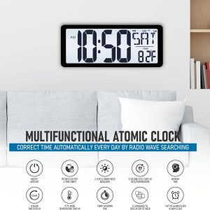 TXL Atomic Clock with Backlight, 14.2″ Large Digital Wall Clock Battery Operated, Digital Clock Large Display with Day, Date & Temperature, Large Wall Clock for Bedroom, Livingroom, Office